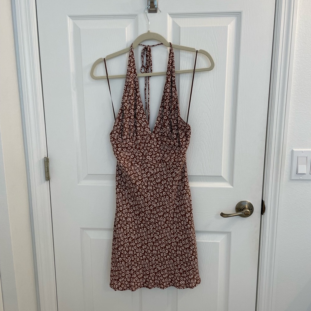 Cotton candy LA brown floral halter mini dress